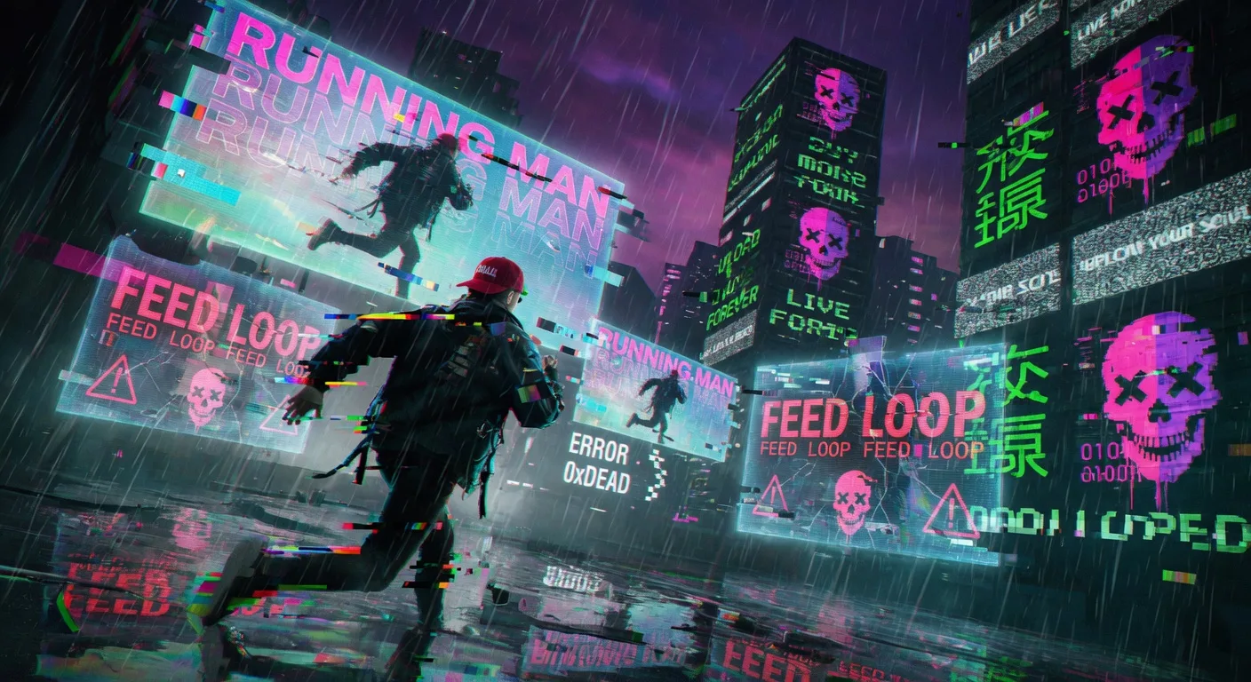 Man running through neon rain